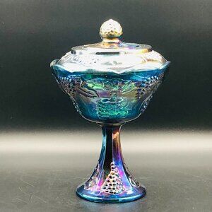 70s Cobalt Blue Carnival Glass Harvest Grapes Footed Compote Candy Jar with Lid